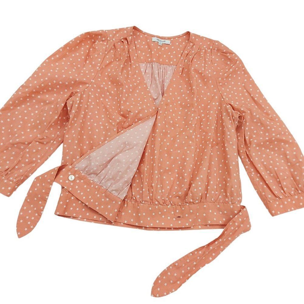 Madewell Wrap Blouse Womens Medium Peach Tie Front 3/4 Sleeve V-Neck Stars Boho - Picture 5 of 13